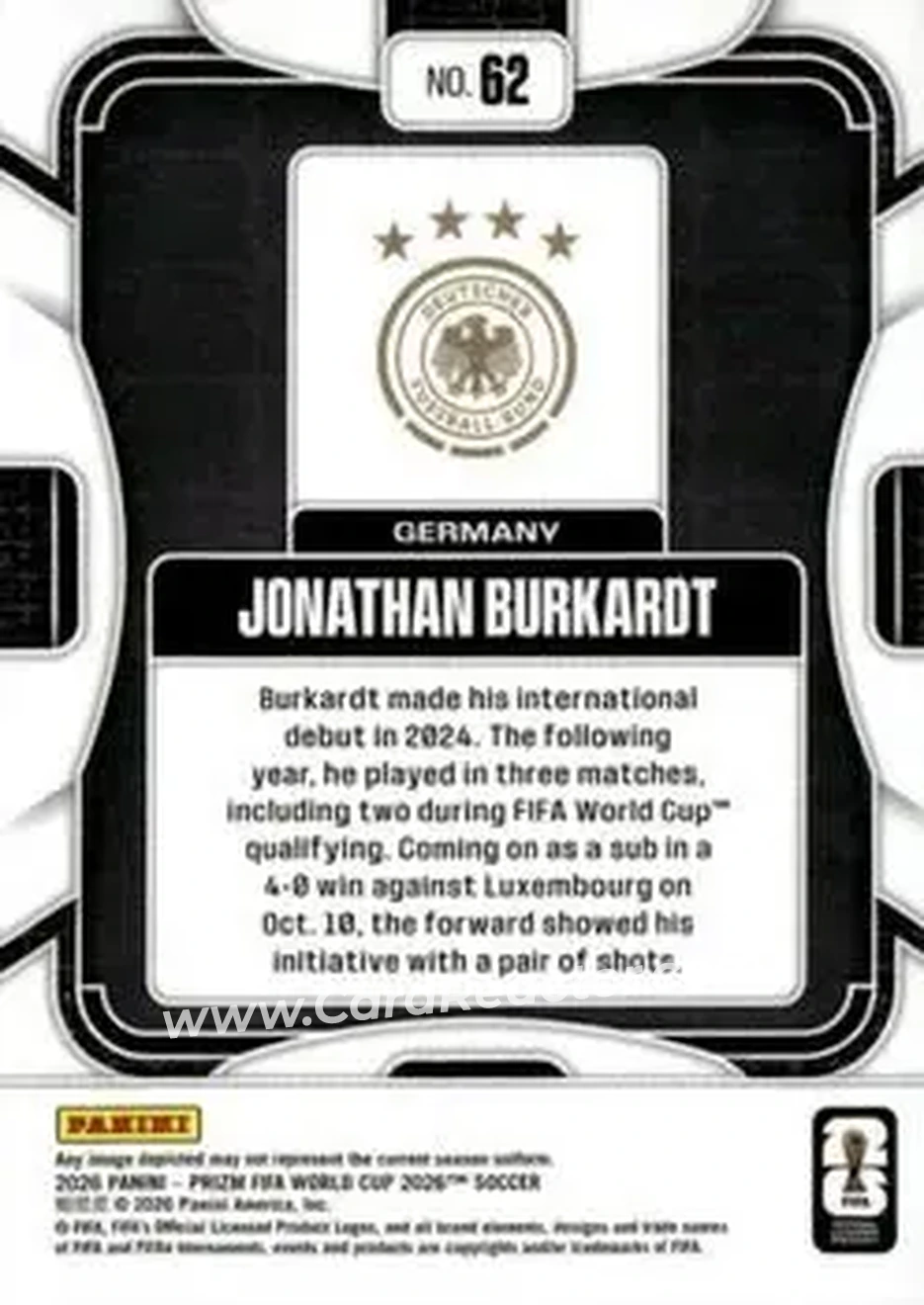 2026 Panini Prizm FIFA World Cup #62 - Jonathan Burkardt - Germany - Back