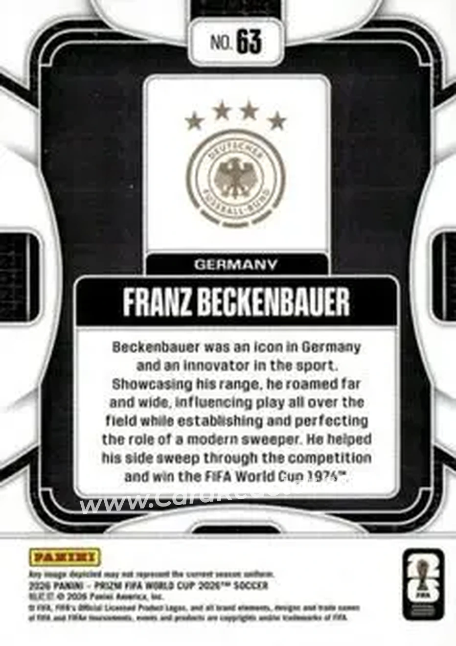 2026 Panini Prizm FIFA World Cup #63 - Franz Beckenbauer - Germany - Back