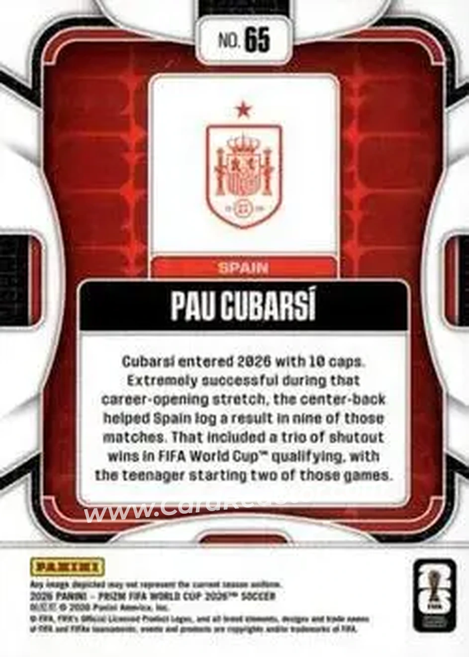 2026 Panini Prizm FIFA World Cup #65 - Pau Cubarsi - Spain - Back