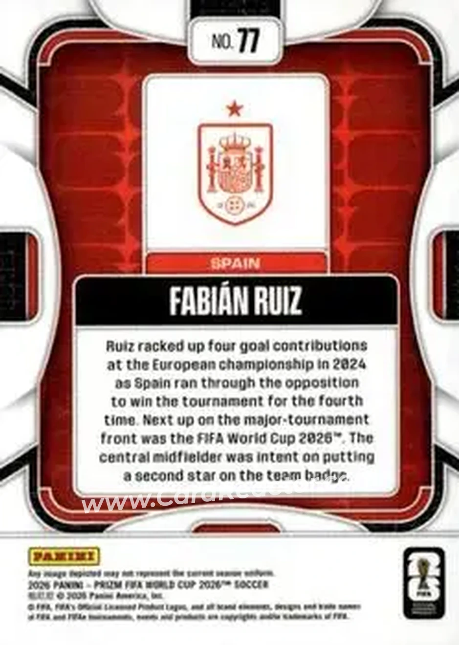 2026 Panini Prizm FIFA World Cup #77 - Fabian Ruiz - Spain - Back