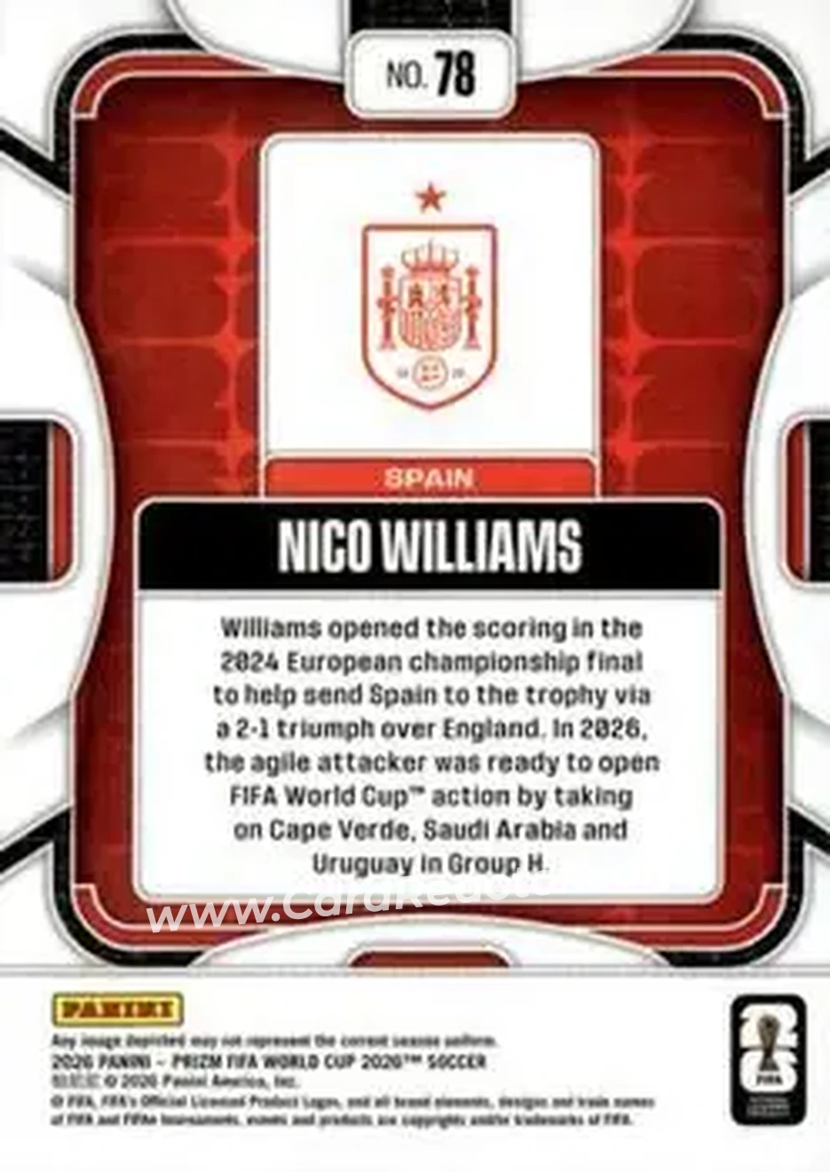 2026 Panini Prizm FIFA World Cup #78 - Nico Williams - Spain - Back