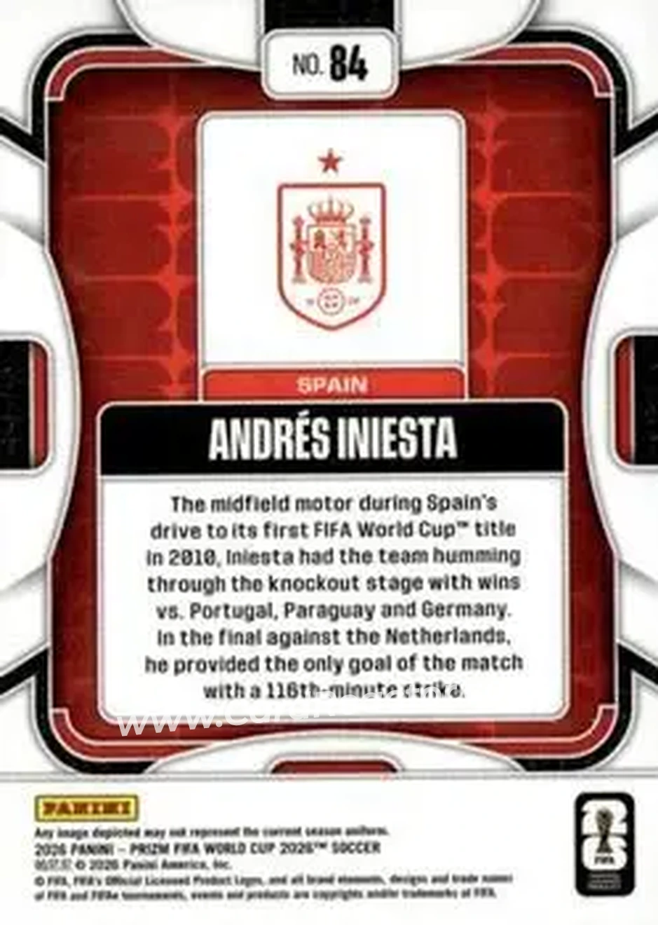 2026 Panini Prizm FIFA World Cup #84 - Andres Iniesta - Spain - Back
