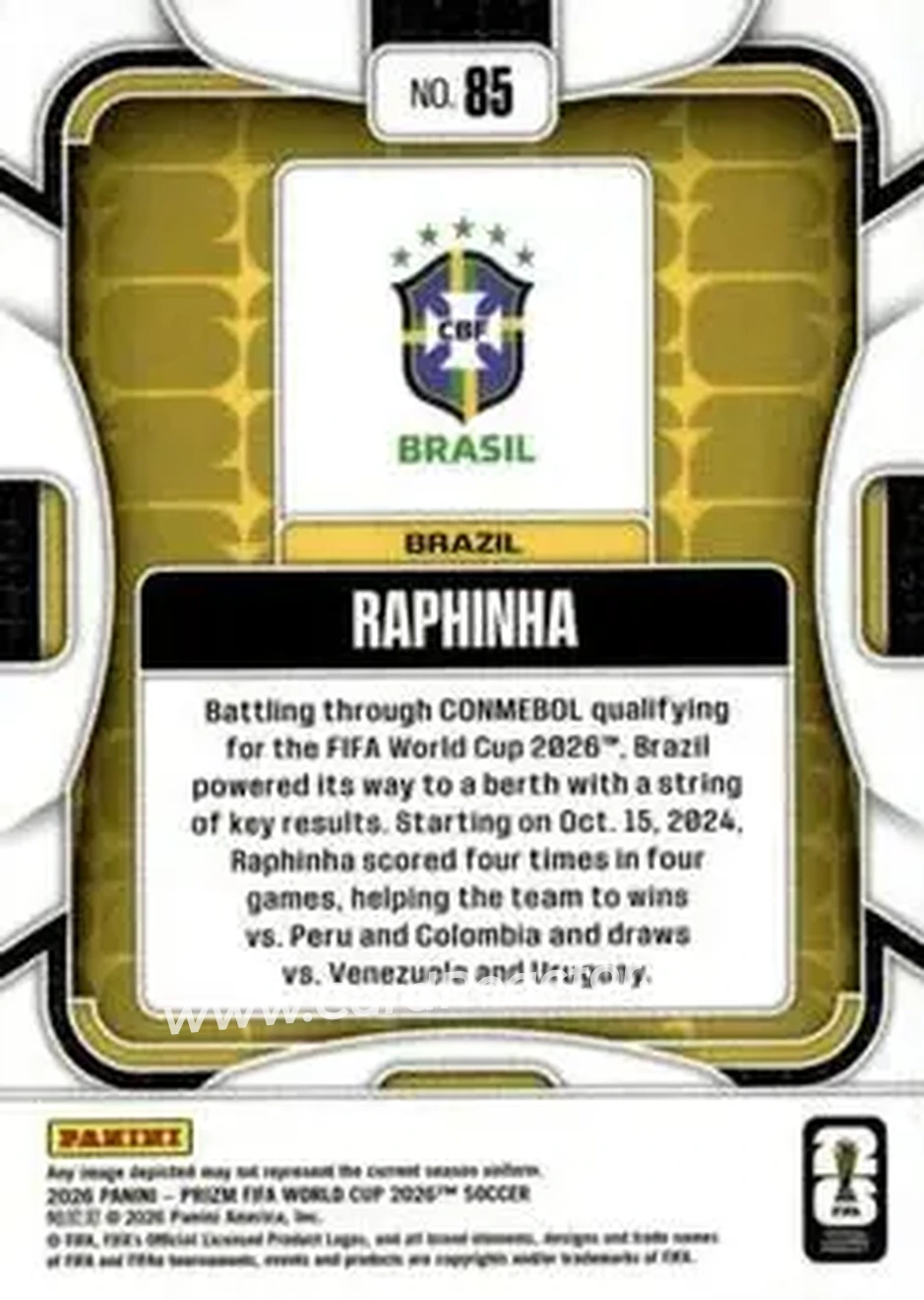 2026 Panini Prizm FIFA World Cup #85 - Raphinha - Brazil - Back