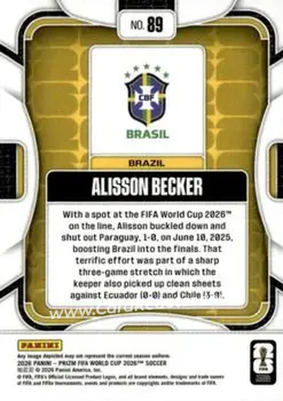 2026 Panini Prizm FIFA World Cup #89 - Alisson Becker - Brazil - Back