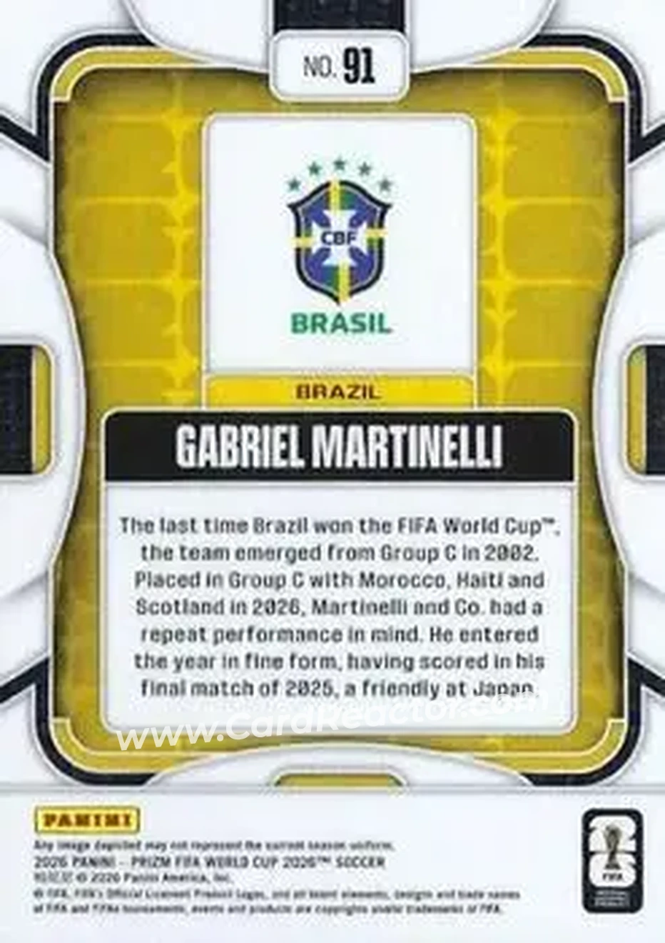 2026 Panini Prizm FIFA World Cup #91 - Gabriel Martinelli - Brazil - Back