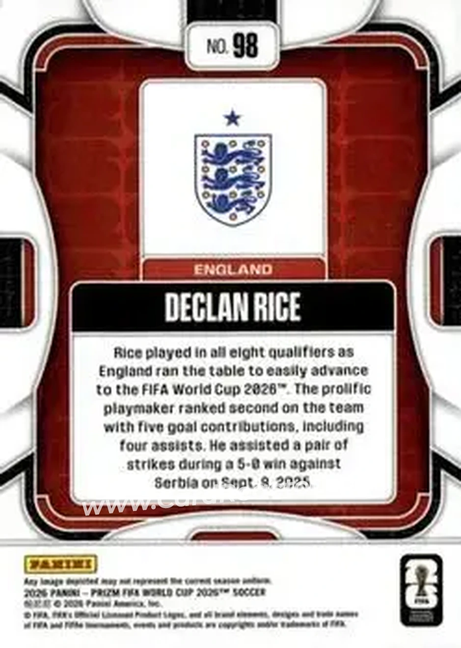2026 Panini Prizm FIFA World Cup #98 - Declan Rice - England - Back