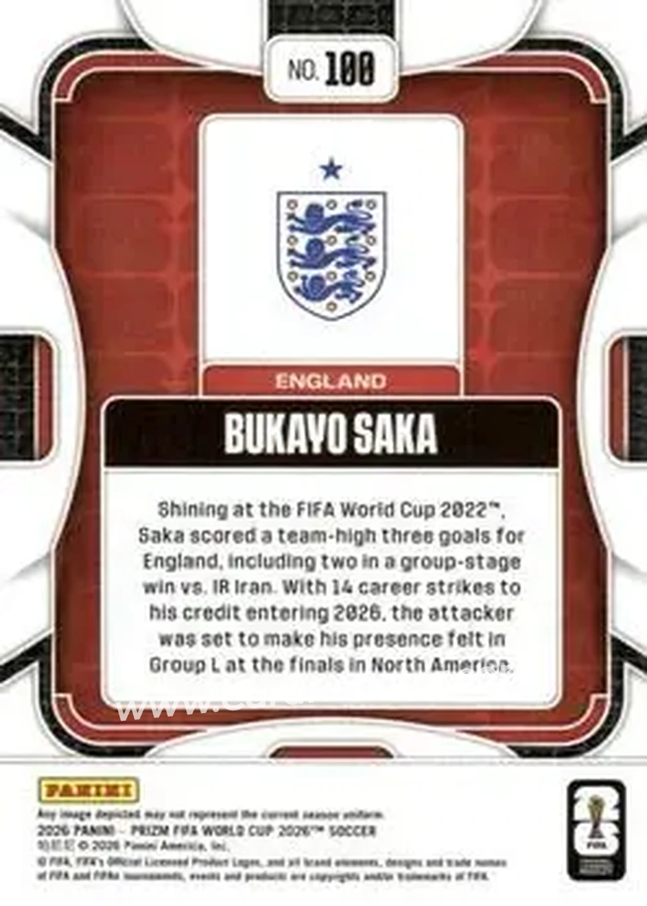 2026 Panini Prizm FIFA World Cup #100 - Bukayo Saka - England - Back