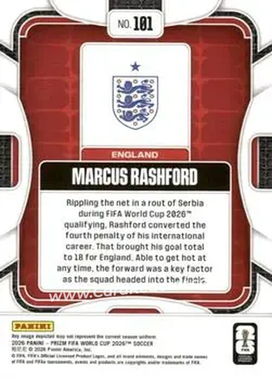 2026 Panini Prizm FIFA World Cup #101 - Marcus Rashford - England - Back