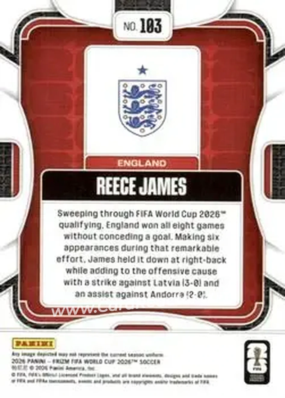2026 Panini Prizm FIFA World Cup #103 - Reece James - England - Back