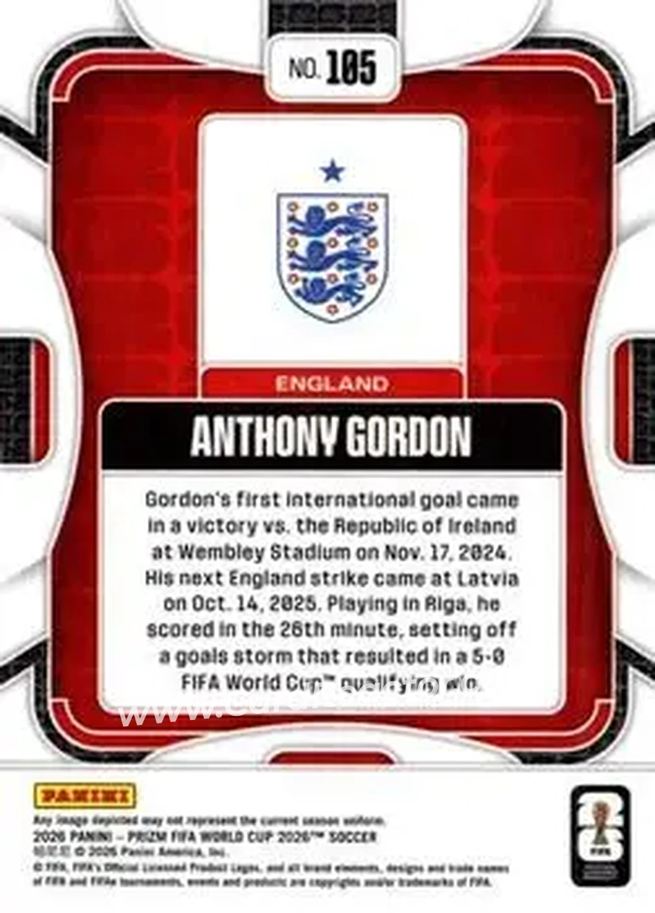 2026 Panini Prizm FIFA World Cup #105 - Anthony Gordon - England - Back
