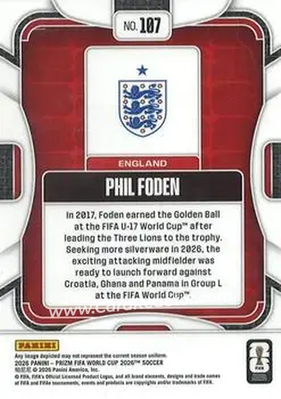 2026 Panini Prizm FIFA World Cup #107 - Phil Foden - England - Back