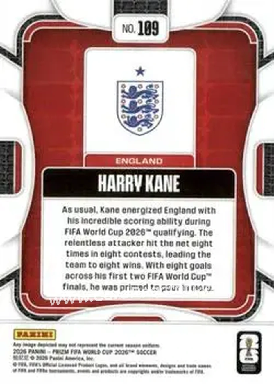 2026 Panini Prizm FIFA World Cup #109 - Harry Kane - England - Back