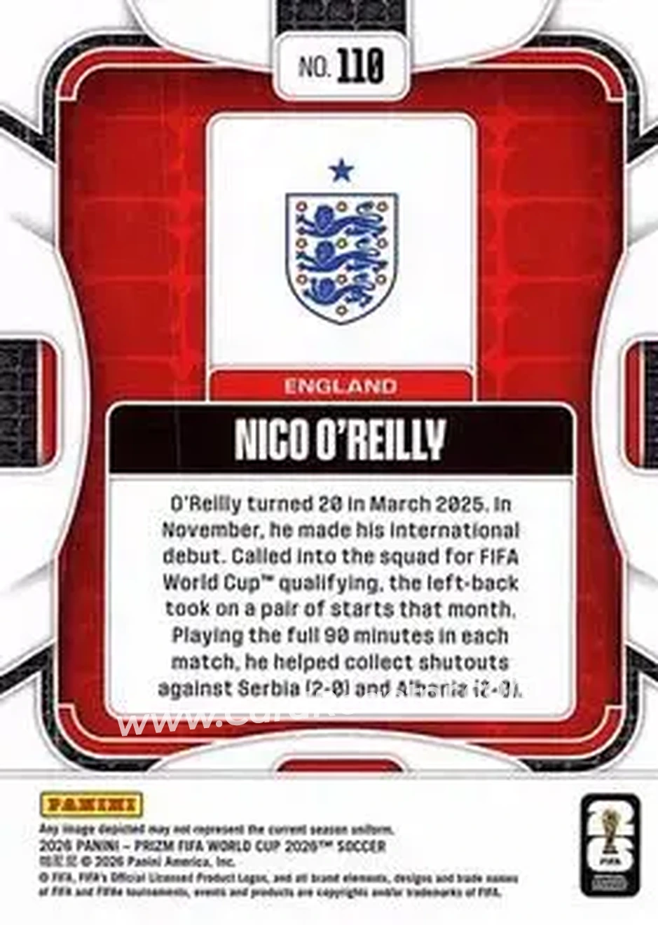 2026 Panini Prizm FIFA World Cup #110 - Nico O'Reilly - England - Back