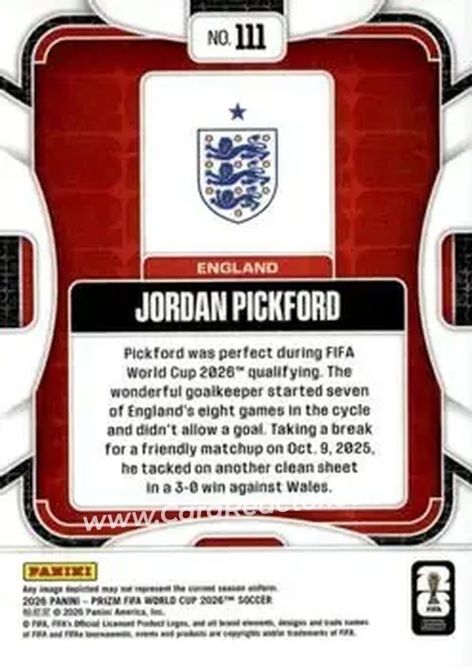 2026 Panini Prizm FIFA World Cup #111 - Jordan Pickford - England - Back