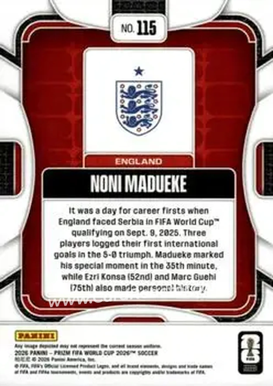 2026 Panini Prizm FIFA World Cup #115 - Noni Madueke - England - Back