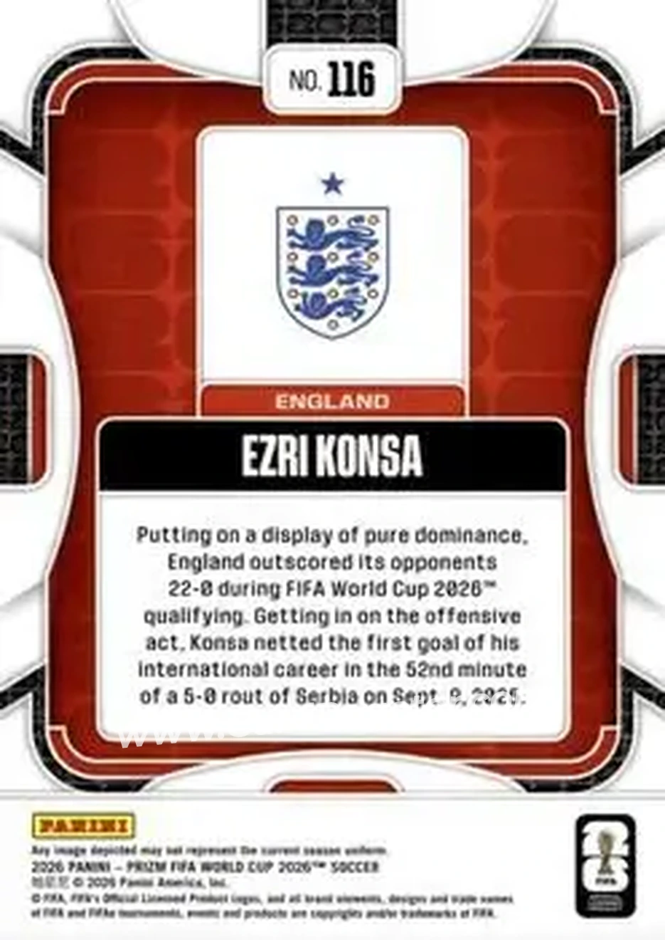 2026 Panini Prizm FIFA World Cup #116 - Ezri Konsa - England - Back