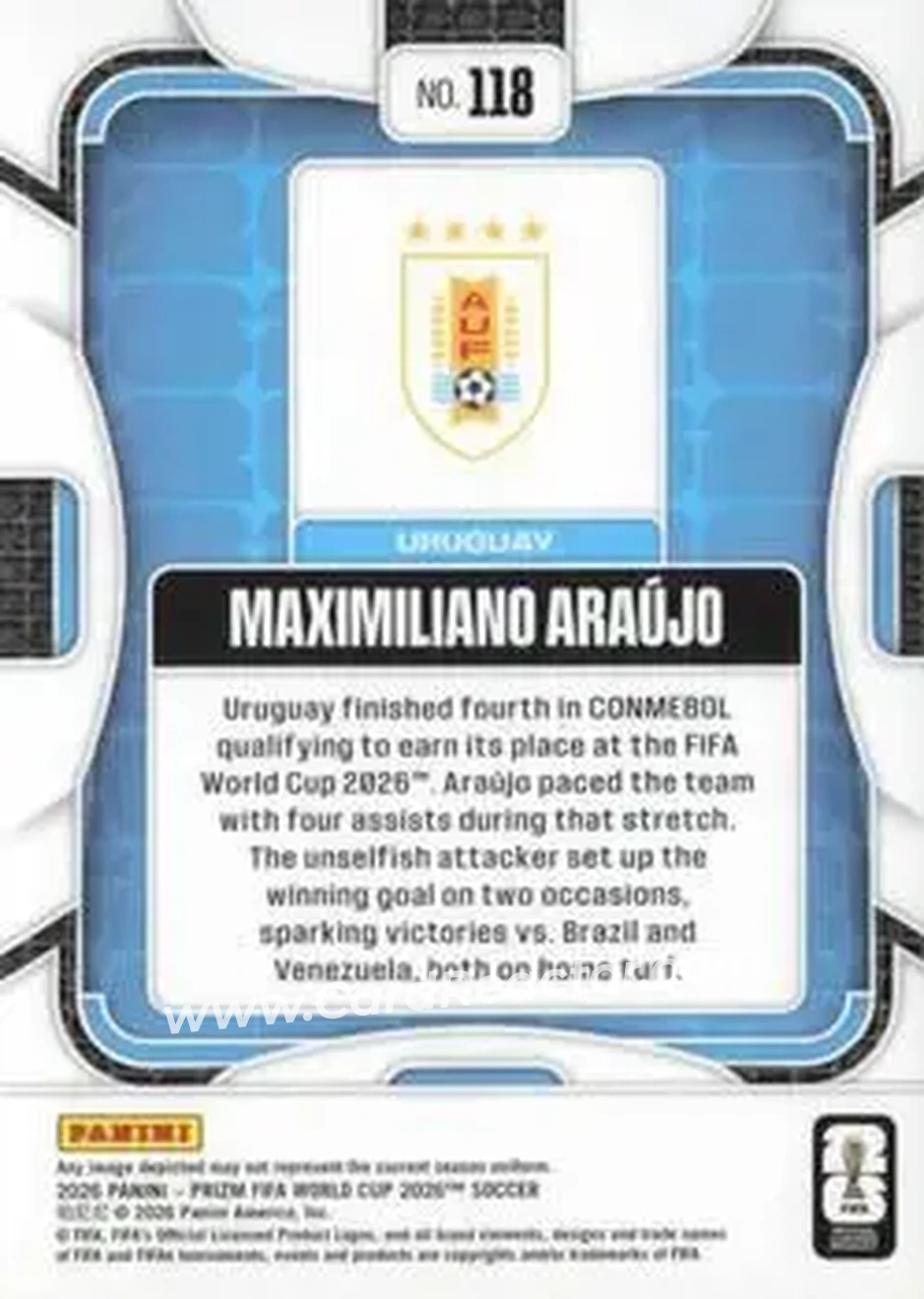 2026 Panini Prizm FIFA World Cup #118 - Maximiliano Araujo - Uruguay - Back
