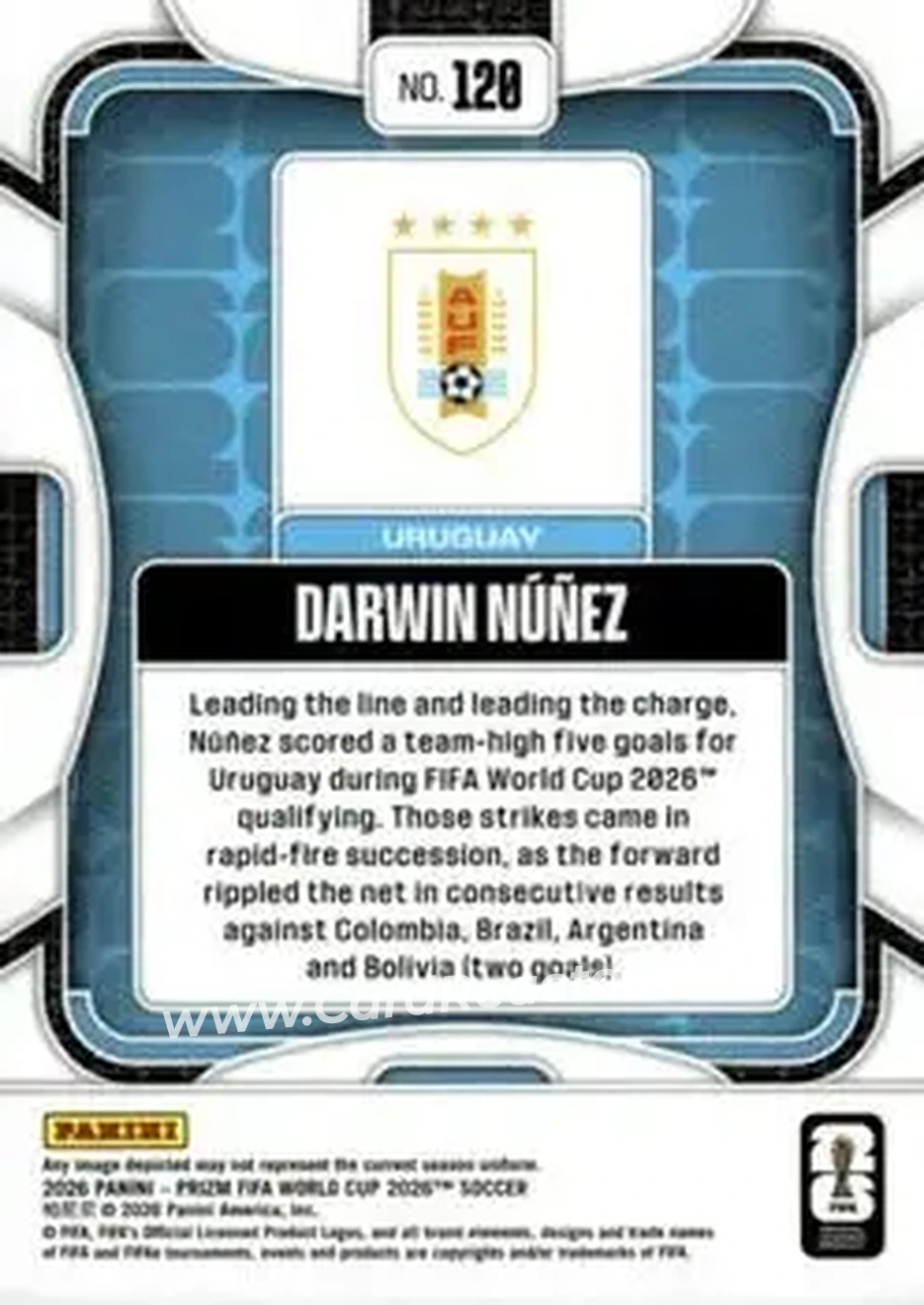 2026 Panini Prizm FIFA World Cup #120 - Darwin Nunez - Uruguay - Back