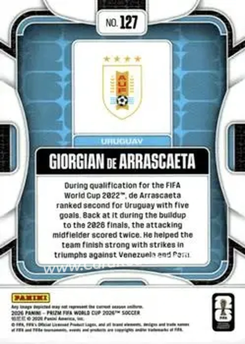 2026 Panini Prizm FIFA World Cup #127 - Giorgian de Arrascaeta - Uruguay - Back