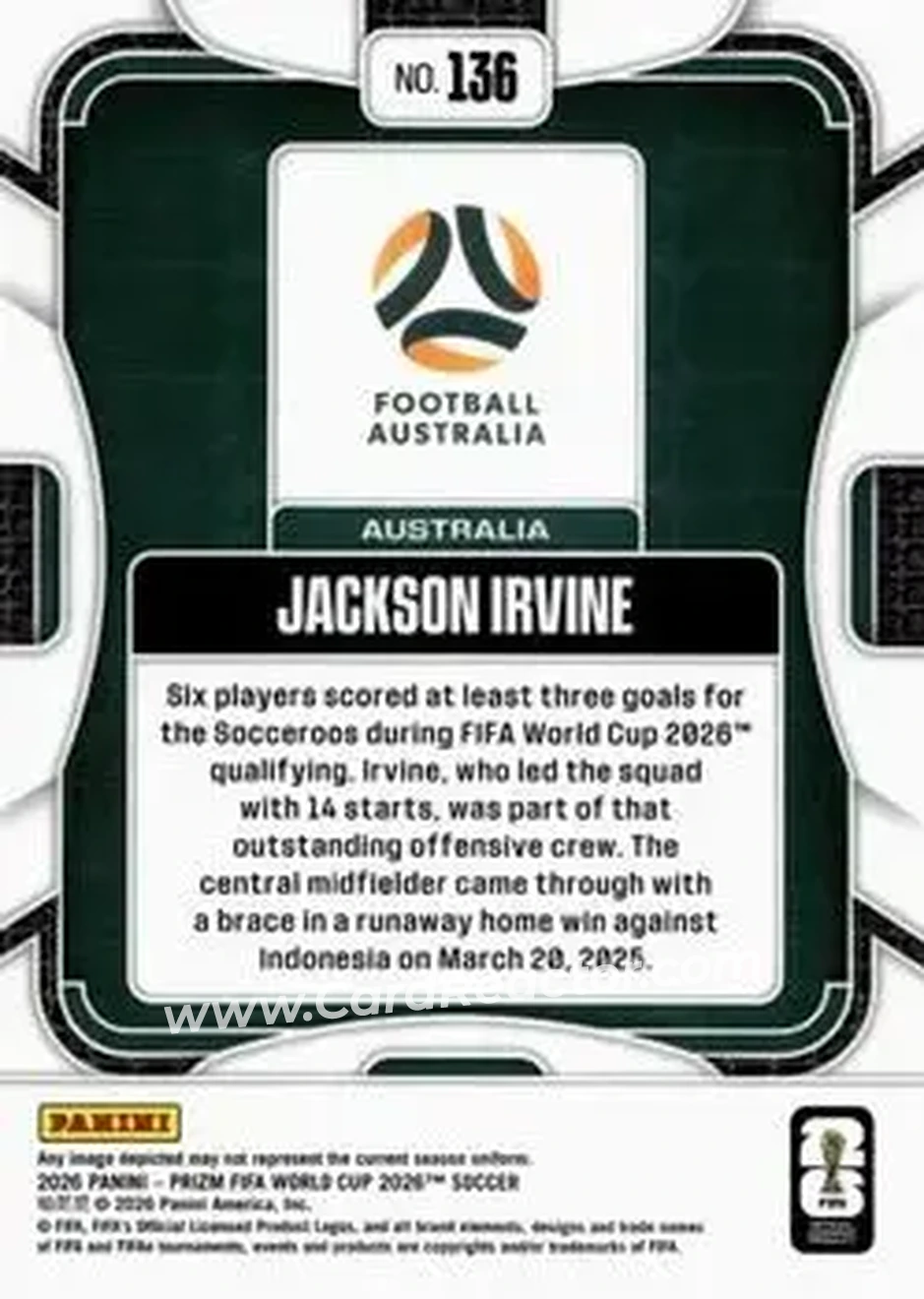 2026 Panini Prizm FIFA World Cup #136 - Jackson Irvine - Australia - Back