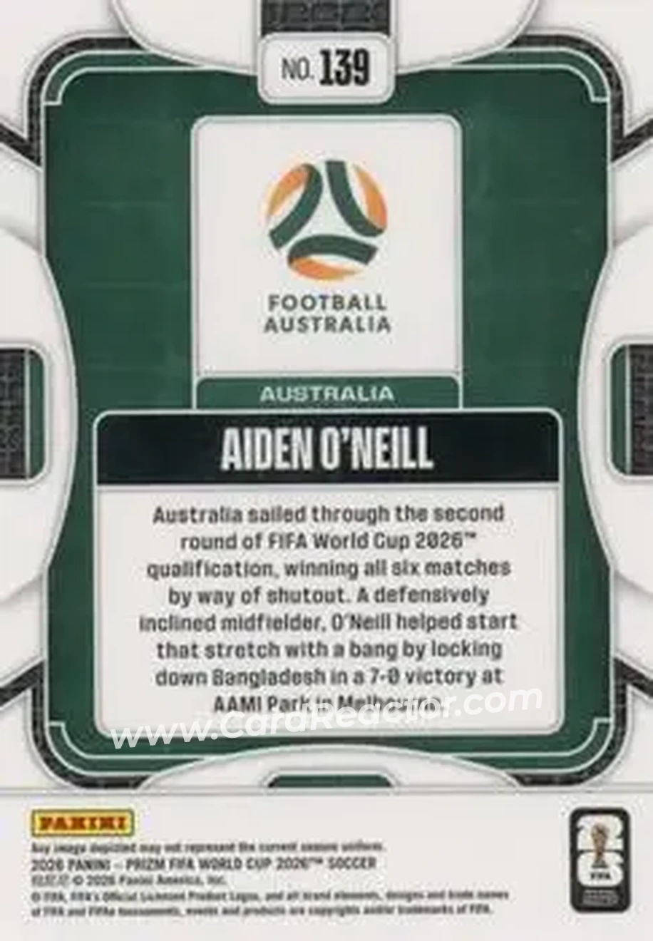 2026 Panini Prizm FIFA World Cup #139 - Aiden O'Neill - Australia - Back