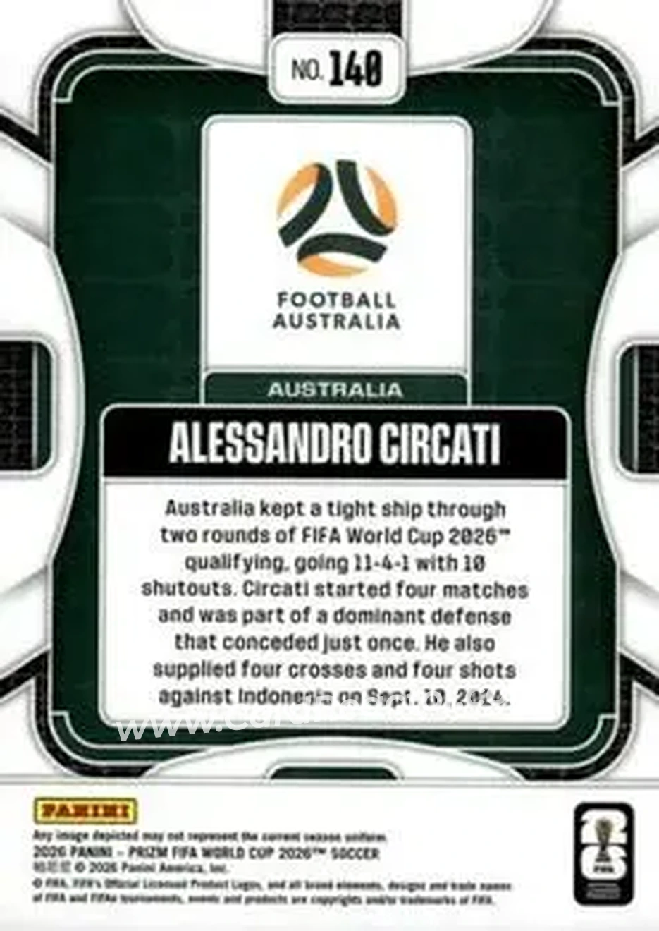 2026 Panini Prizm FIFA World Cup #140 - Alessandro Circati - Australia - Back