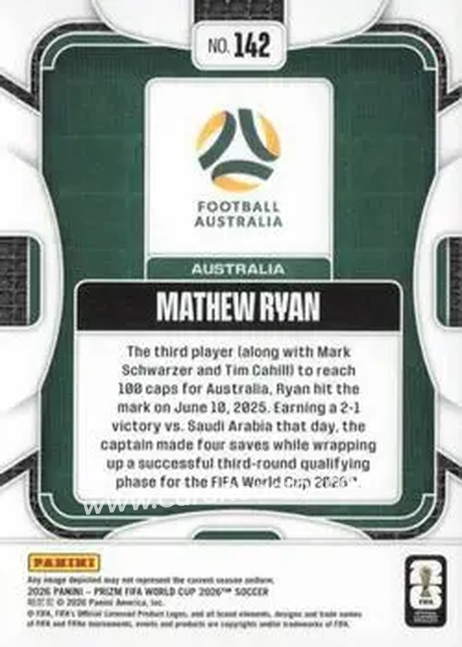 2026 Panini Prizm FIFA World Cup #142 - Mathew Ryan - Australia - Back
