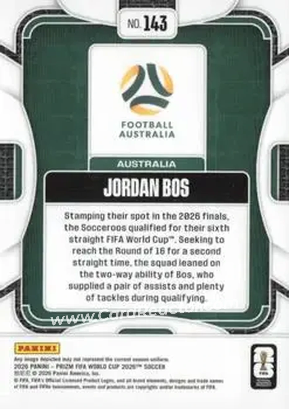 2026 Panini Prizm FIFA World Cup #143 - Jordan Bos - Australia - Back