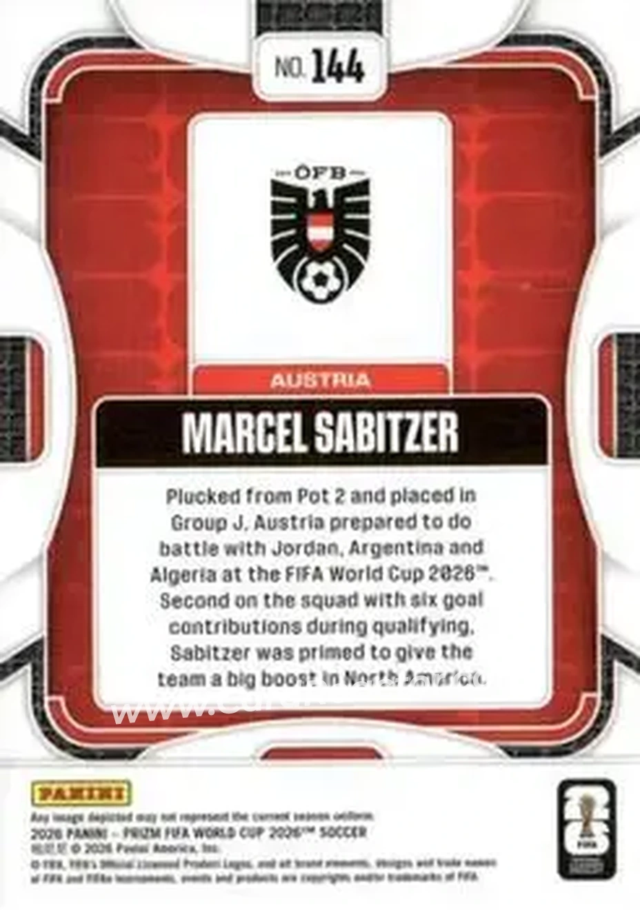 2026 Panini Prizm FIFA World Cup #144 - Marcel Sabitzer - Austria - Back