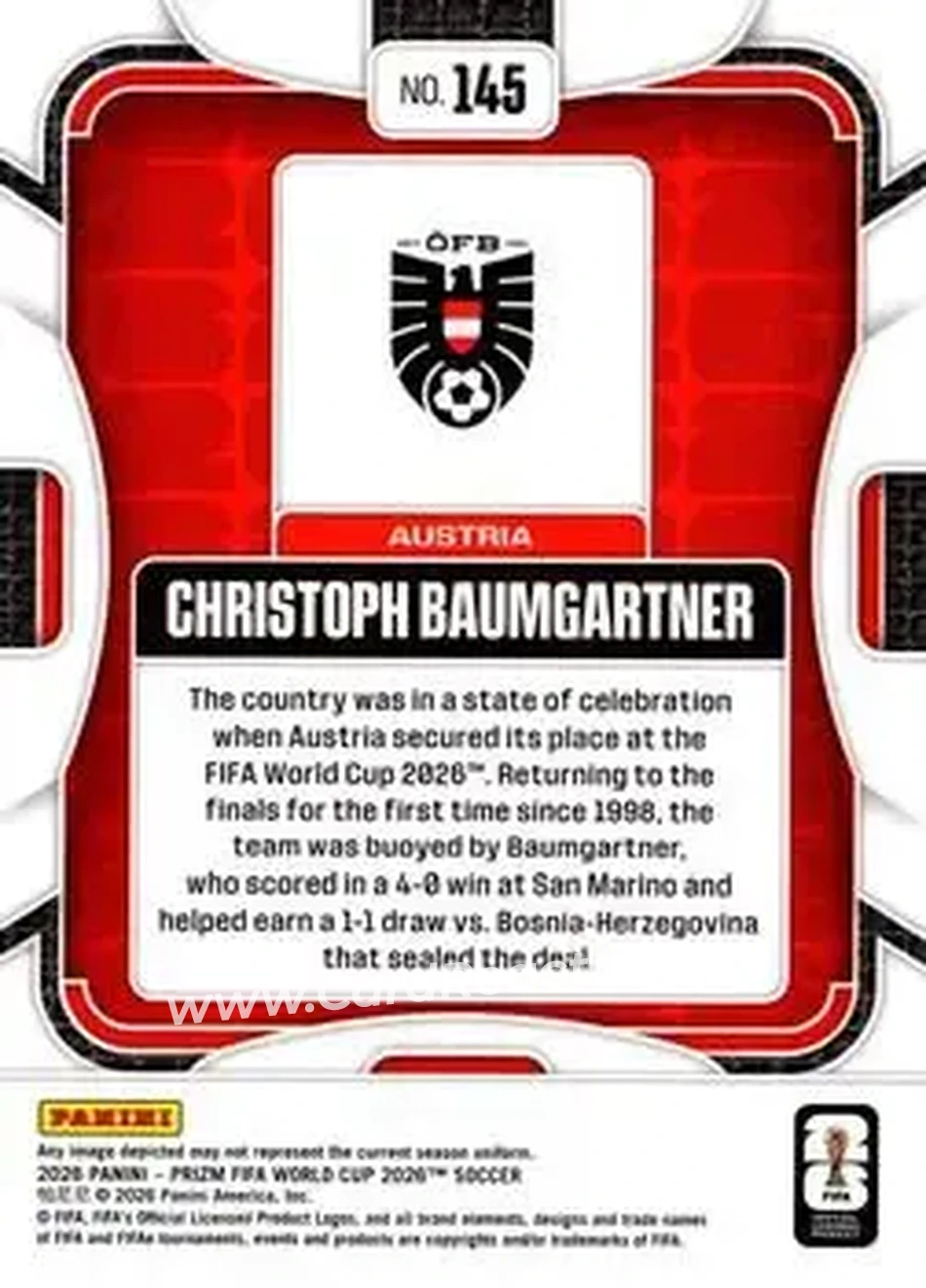 2026 Panini Prizm FIFA World Cup #145 - Christoph Baumgartner - Austria - Back