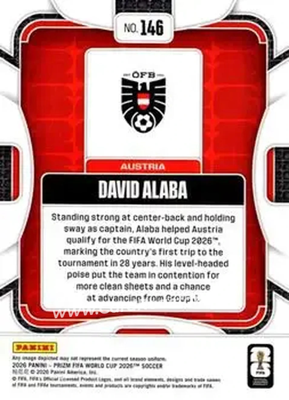 2026 Panini Prizm FIFA World Cup #146 - David Alaba - Austria - Back
