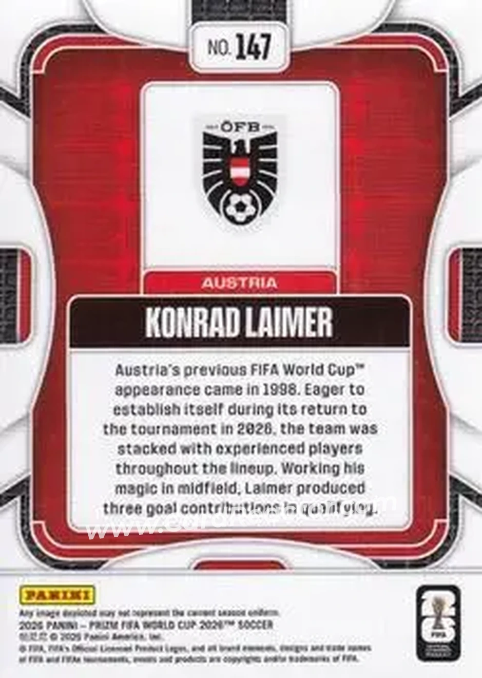2026 Panini Prizm FIFA World Cup #147 - Konrad Laimer - Austria - Back