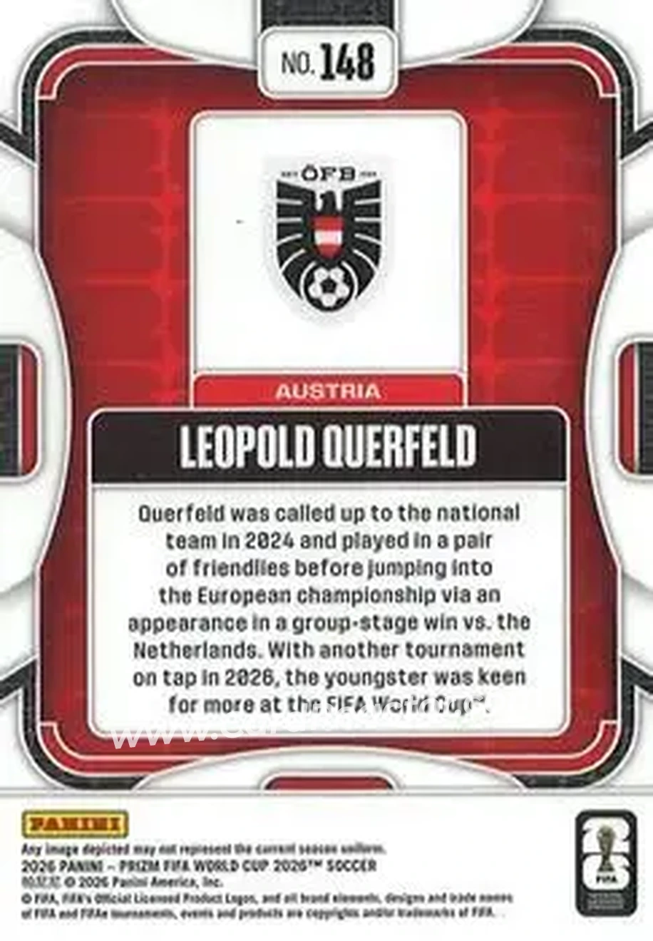 2026 Panini Prizm FIFA World Cup #148 - Leopold Querfeld - Austria - Back