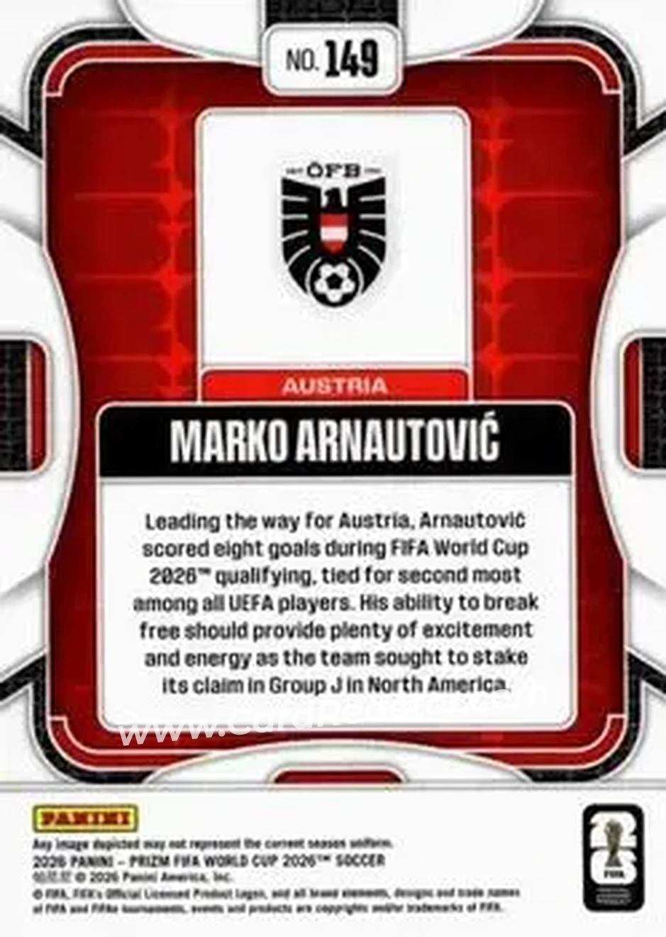 2026 Panini Prizm FIFA World Cup #149 - Marko Arnautovic - Austria - Back
