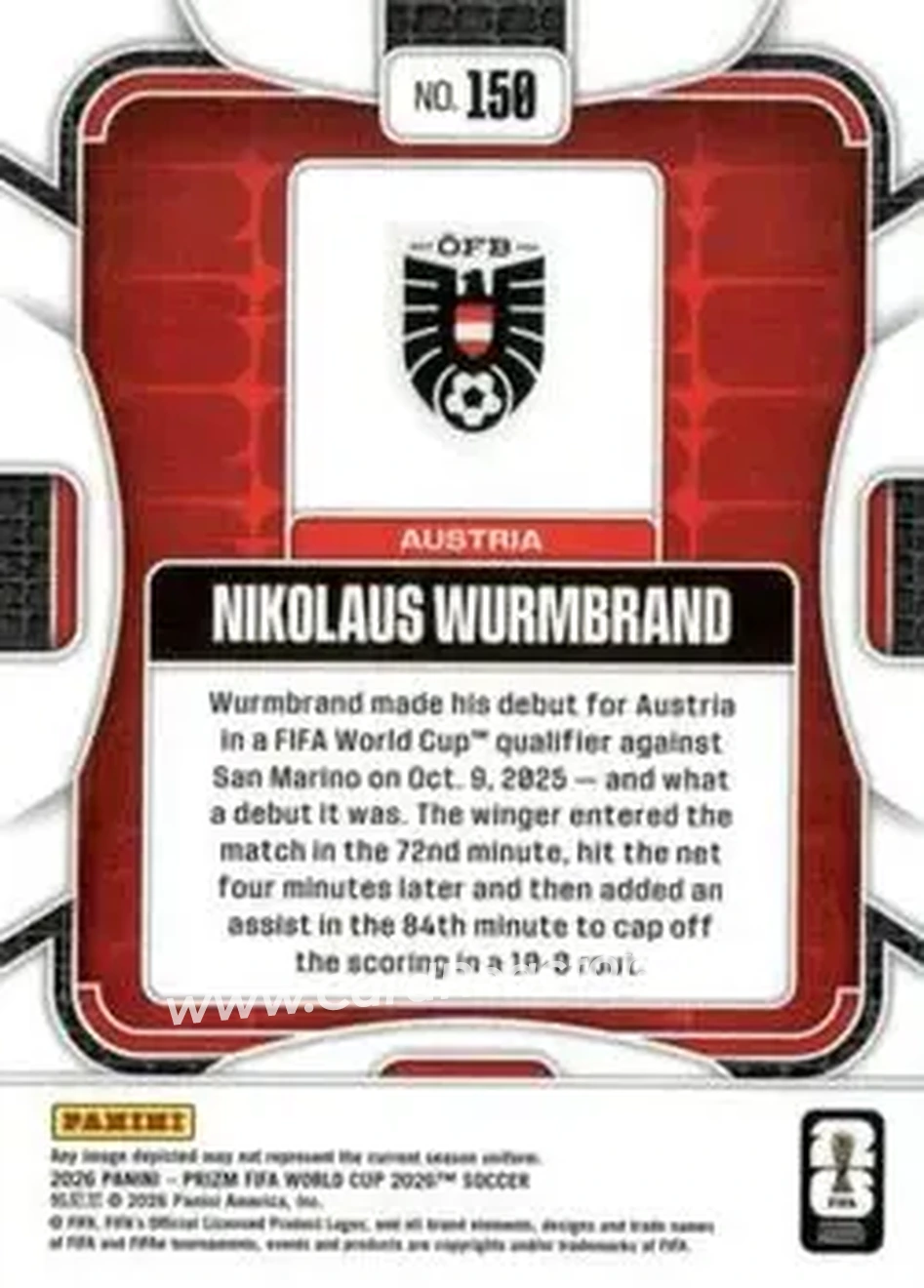 2026 Panini Prizm FIFA World Cup #150 - Nikolaus Wurmbrand - Austria - Back