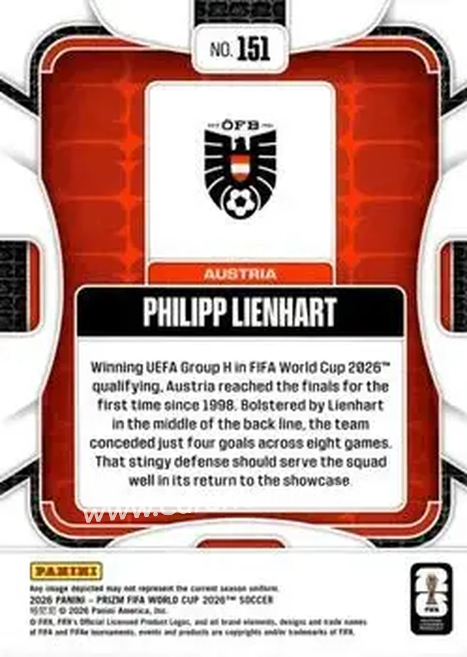 2026 Panini Prizm FIFA World Cup #151 - Philipp Lienhart - Austria - Back