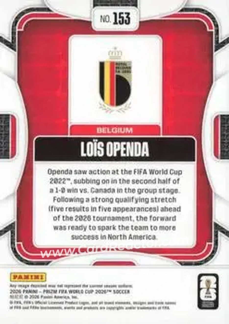 2026 Panini Prizm FIFA World Cup #153 - Lois Openda - Belgium - Back
