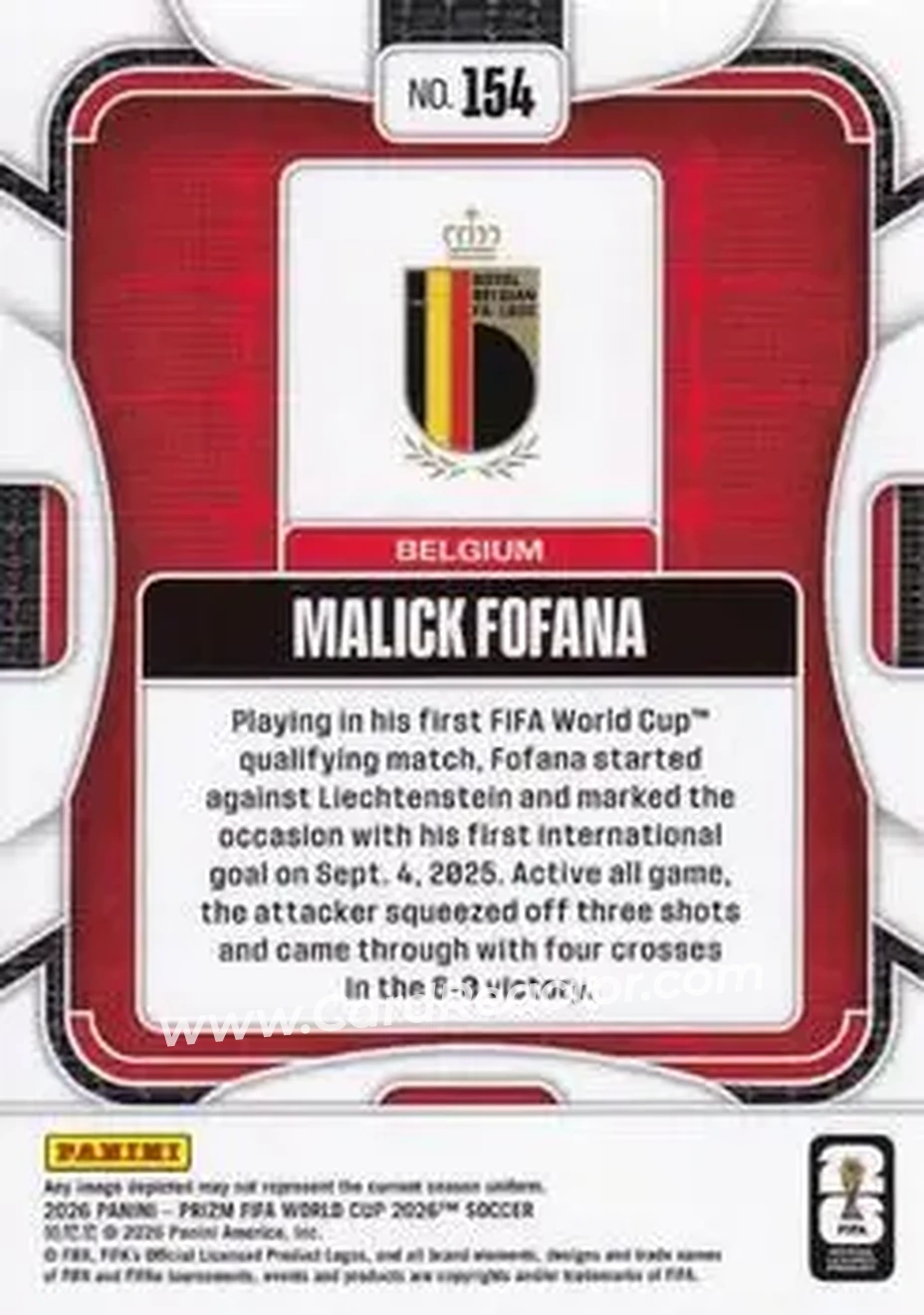 2026 Panini Prizm FIFA World Cup #154 - Malick Fofana - Belgium - Back
