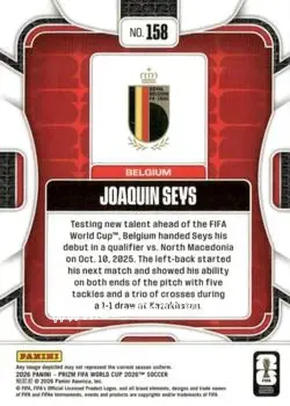 2026 Panini Prizm FIFA World Cup #158 - Joaquin Seys - Belgium - Back