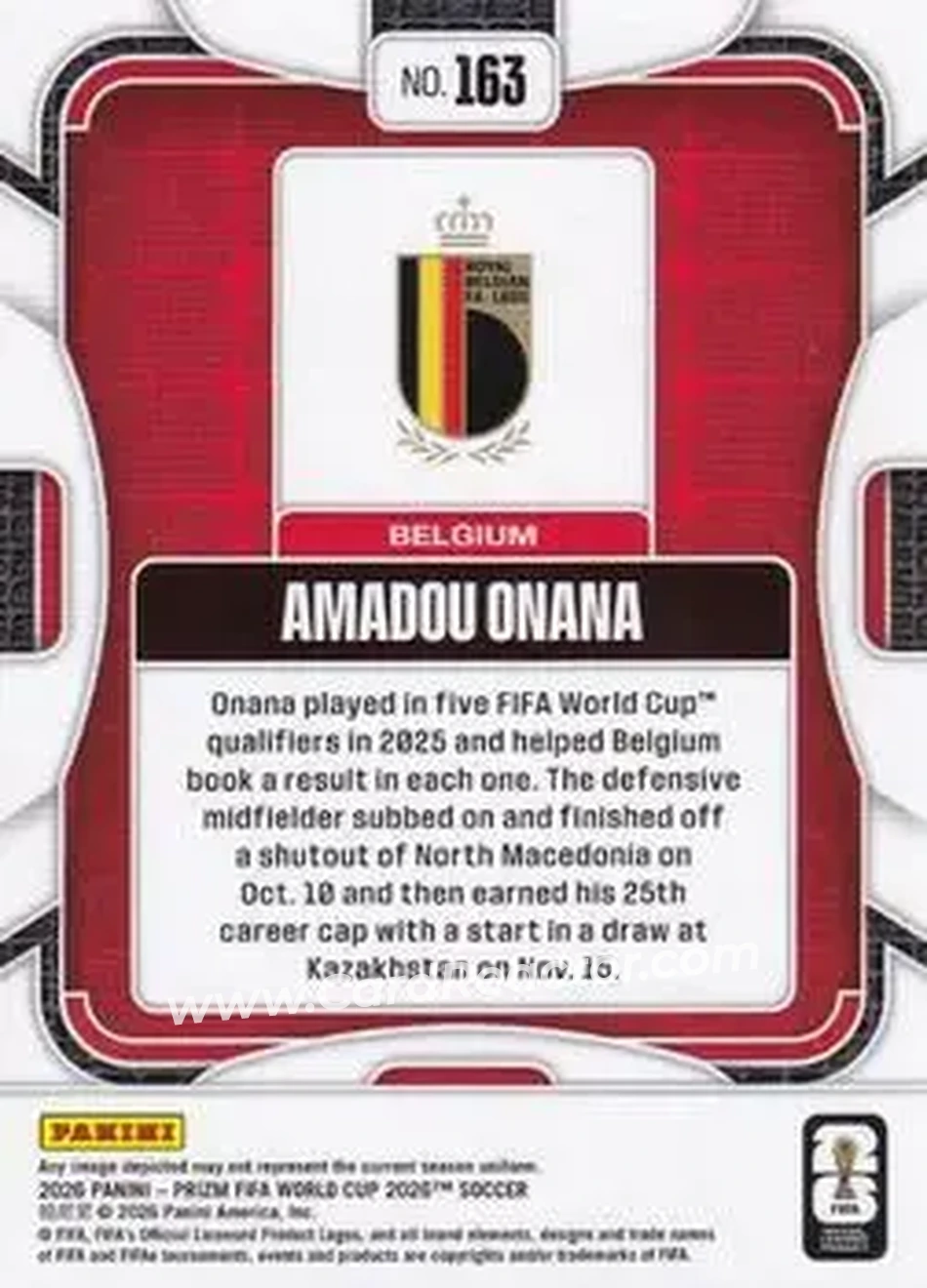 2026 Panini Prizm FIFA World Cup #163 - Amadou Onana - Belgium - Back