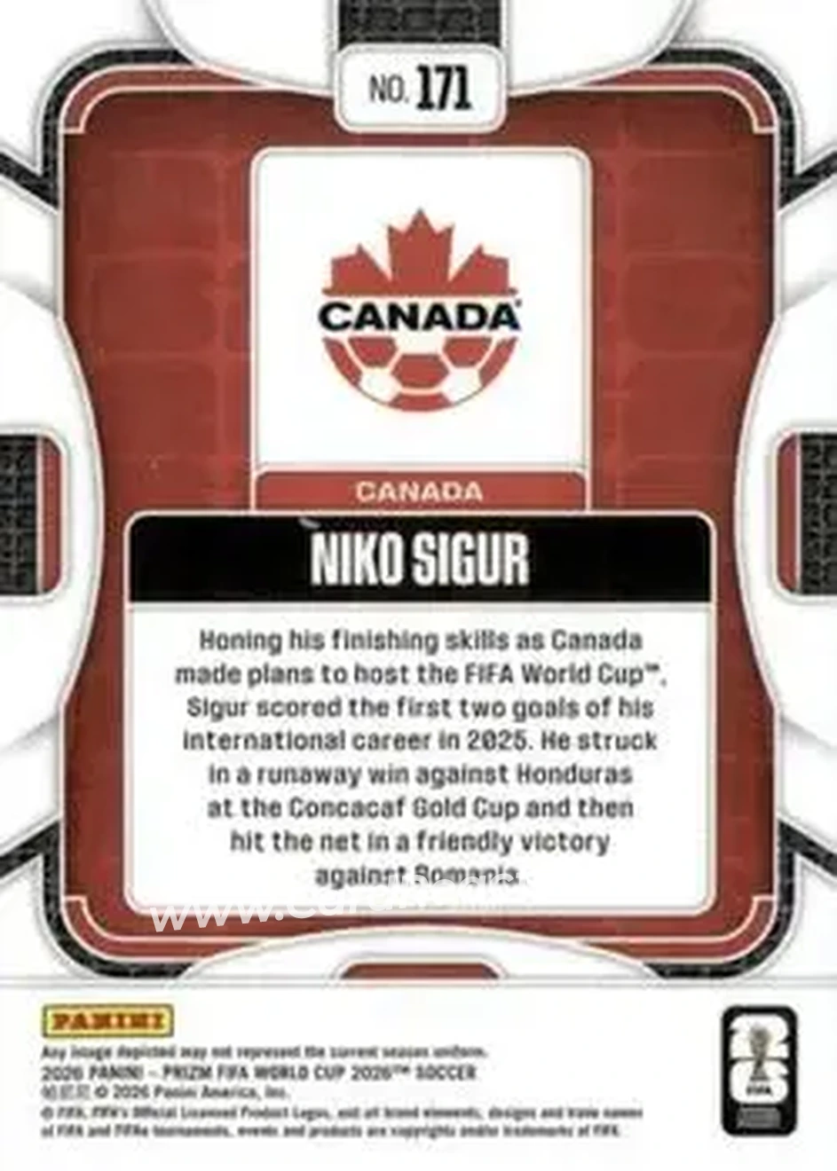 2026 Panini Prizm FIFA World Cup #171 - Niko Sigur - Canada - Back