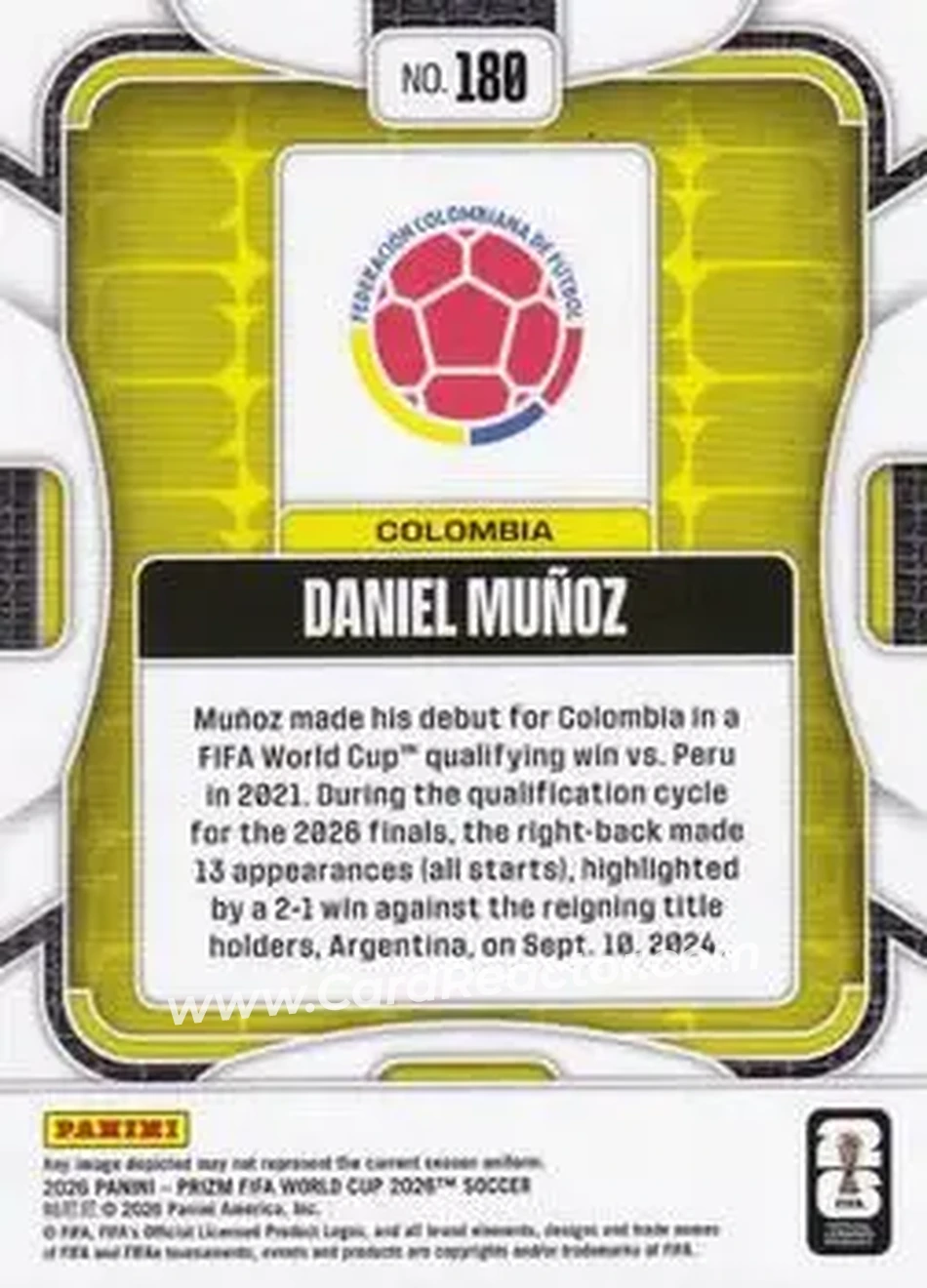 2026 Panini Prizm FIFA World Cup #180 - Daniel Munoz - Colombia - Back