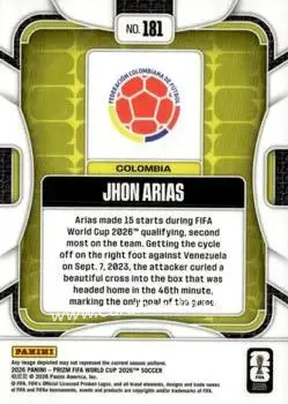 2026 Panini Prizm FIFA World Cup #181 - Jhon Arias - Colombia - Back