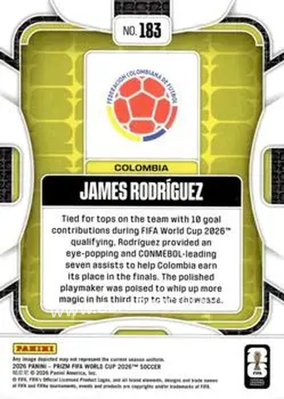 2026 Panini Prizm FIFA World Cup #183 - James Rodriguez - Colombia - Back