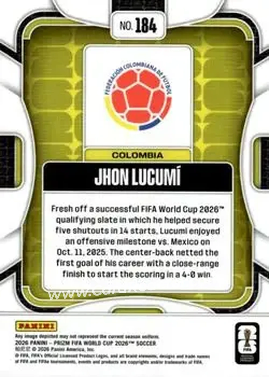 2026 Panini Prizm FIFA World Cup #184 - Jhon Lucumi - Colombia - Back