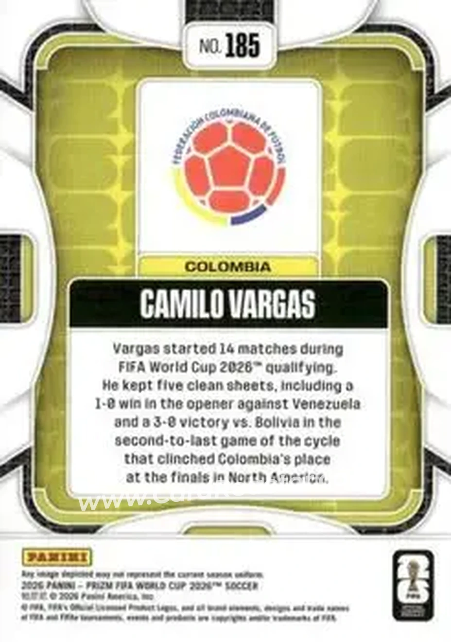2026 Panini Prizm FIFA World Cup #185 - Camilo Vargas - Colombia - Back