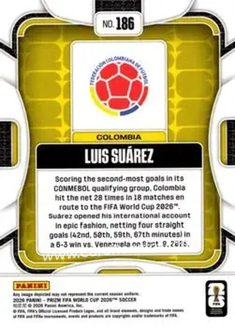 2026 Panini Prizm FIFA World Cup #186 - Luis Suarez - Colombia - Back