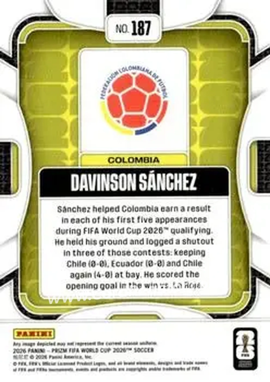 2026 Panini Prizm FIFA World Cup #187 - Davinson Sanchez - Colombia - Back
