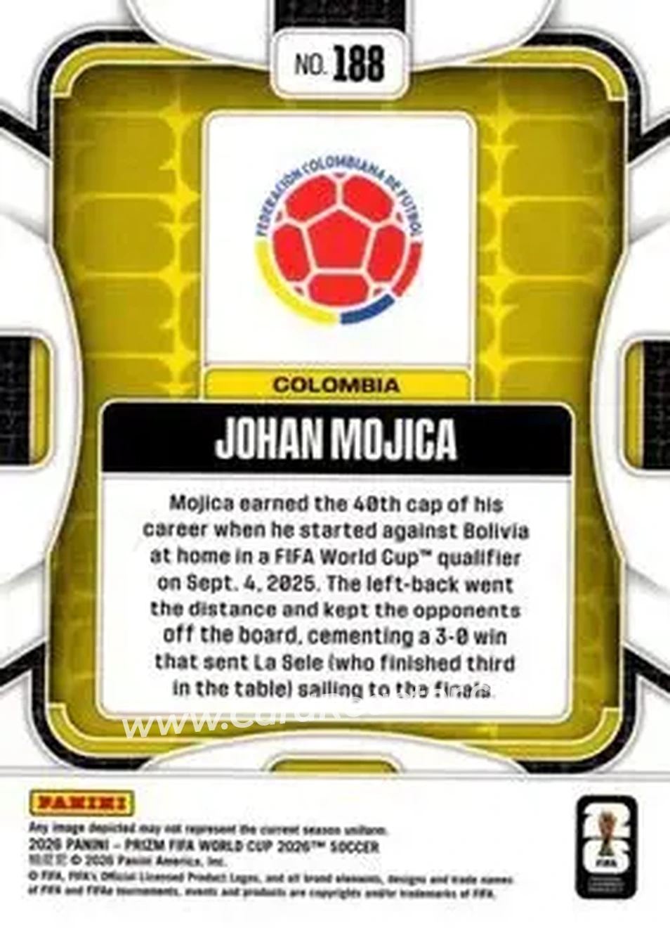 2026 Panini Prizm FIFA World Cup #188 - Johan Mojica - Colombia - Back
