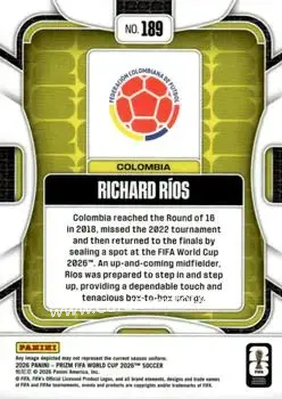 2026 Panini Prizm FIFA World Cup #189 - Richard Rios - Colombia - Back